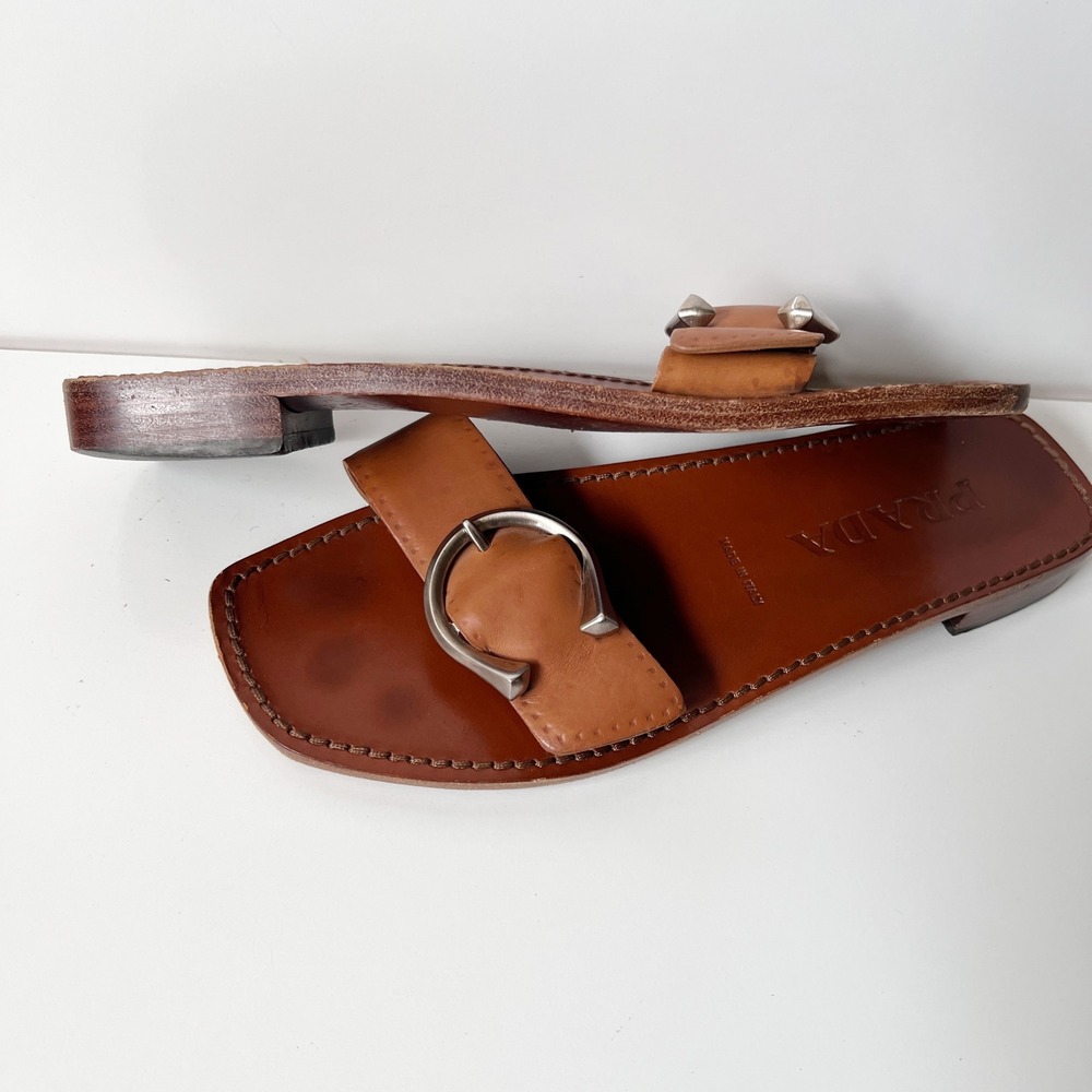 Prada Sandals 39 8 Brown Leather Horseshoe Buckle Square Toe Flat Slides - Picture 3 of 10